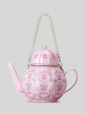 Pink Floral Teapot Crossbody Bag with Pearl Handle